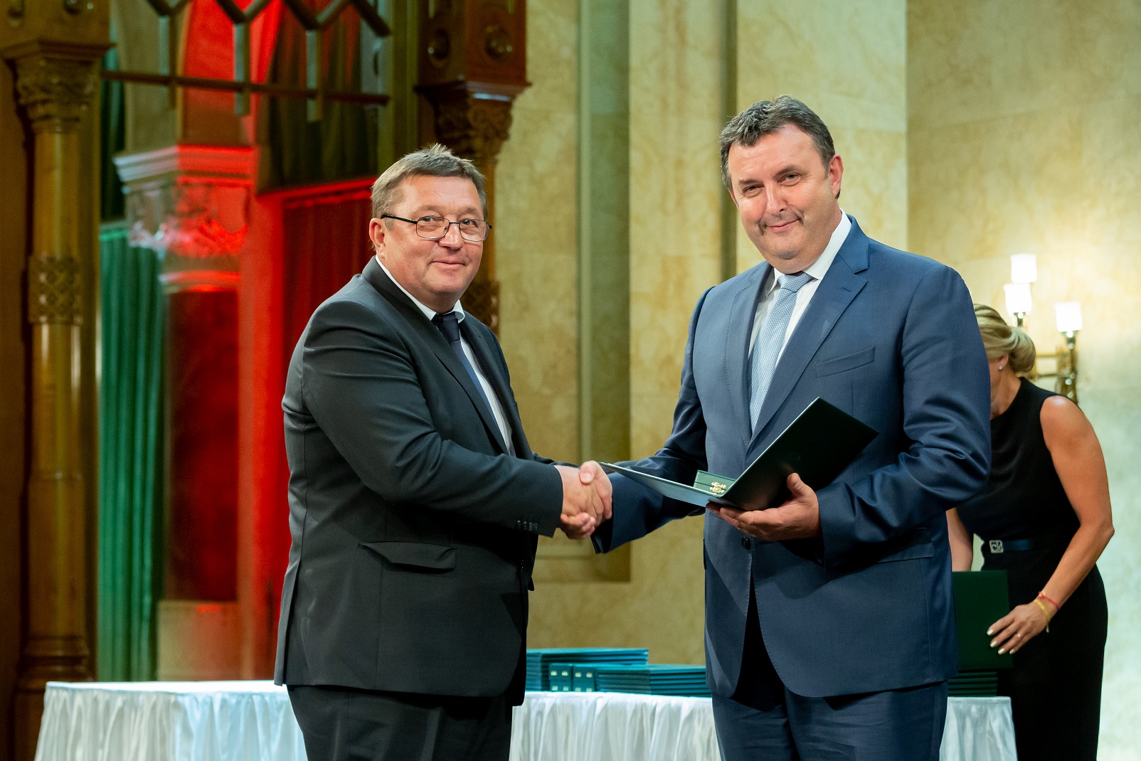 Tóth László átveszi a kitüntetését Dr. Palkovics Lászlótól