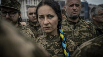KYIV, UKRAINE - JUNE 22: An official funeral ceremony held at Independence Square for Oleh Kutsyn, commender of Karpatska Sich Battalion (49th Separate Rifle Battalion of the Ukrainian Armed Forces), killed in the Izium direction in Ukraine on June 22, 2022 in Kyiv. (Photo by Metin Aktas/Anadolu Agency via Getty Images)
