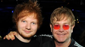 LOS ANGELES, CA - FEBRUARY 09:  Musicians Ed Sheeran (L) and Elton John pose backstage during the 55th Annual GRAMMY Awards at the STAPLES Center on February 9, 2013 in Los Angeles, California.  (Photo by Kevin Winter/WireImage)