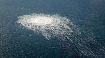 BORNHOLM, DENMARK - SEPTEMBER 27: (----EDITORIAL USE ONLY â MANDATORY CREDIT - " DANISH DEFENCE / HANDOUT" - NO MARKETING NO ADVERTISING CAMPAIGNS - DISTRIBUTED AS A SERVICE TO CLIENTS----) Danish Defense shows the gas leaking at Nord Stream 2 seen from the Danish F-16 interceptor on Bornholm, Denmark on September 27, 2022. (Photo by Danish Defence/Anadolu Agency via Getty Images)