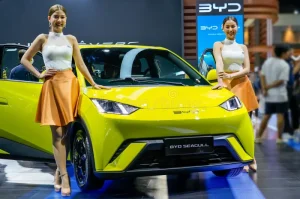 byd seagull light green color subcompact electric car chinese company two beautiful girls models byd seagull 315367167
