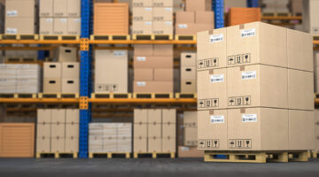 Warehouse or storage with cardboard boxes on a pallet. Logistics and mail delivery concept. 3d illustration.