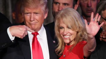 NEW YORK, NY - NOVEMBER 09:  Republican president-elect Donald Trump along with his campaign manager Kellyanne Conway acknowledge the crowd during his election night event at the New York Hilton Midtown in the early morning hours of November 9, 2016 in New York City. Donald Trump defeated Democratic presidential nominee Hillary Clinton to become the 45th president of the United States.  (Photo by Mark Wilson/Getty Images)