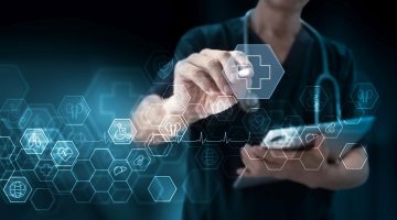 medical technology, doctor using digital tablet touching on global medical healthcare network connection on modern futuristic hospital background, medicine, online health technology, telemedicine