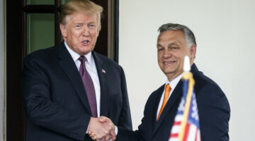 epaselect epa07567885 US President Donald J. Trump (L) welcomes Hungarian Prime Minister Viktor Orban (R) to the White House in Washington, DC, USA, 13 May 2019. Their meeting marks the first time a US president has granted Orban a formal visit in more than 20 years.  EPA-EFE/JIM LO SCALZO