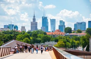 pedestrian and bicycle footbridge over the vistula river, warsaw, poland