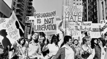 Women Against Pornography (WAP) demonstrators march on Times Square, New York City, USA, 20th October 1979. (Photo by Barbara Alper/Getty Images)